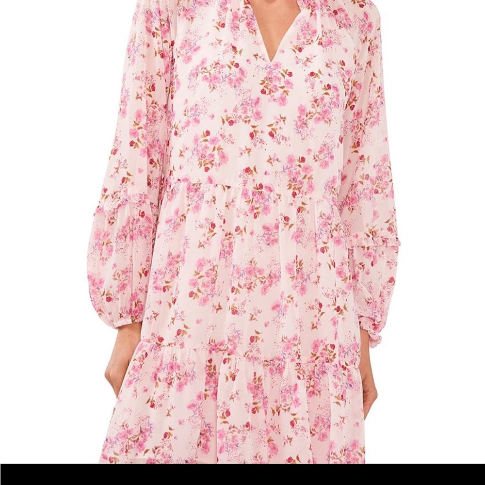 CeCe V neck long sleeve cherry blossom print tiered mini dress